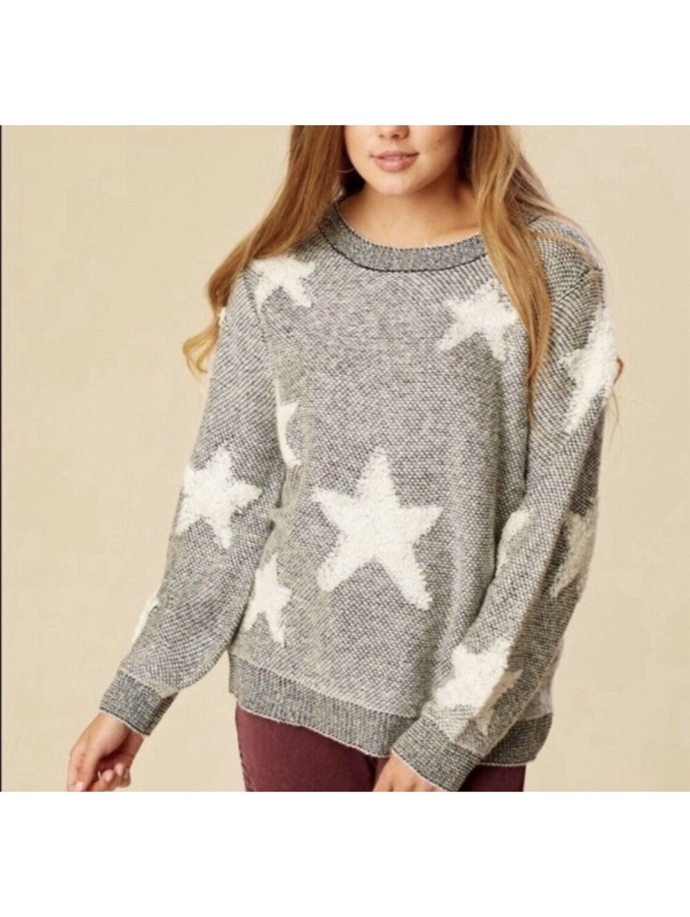 Altar'd State Sweater 3D Knit Star Gray Fuzzy White Stars  Crewneck Size M/L